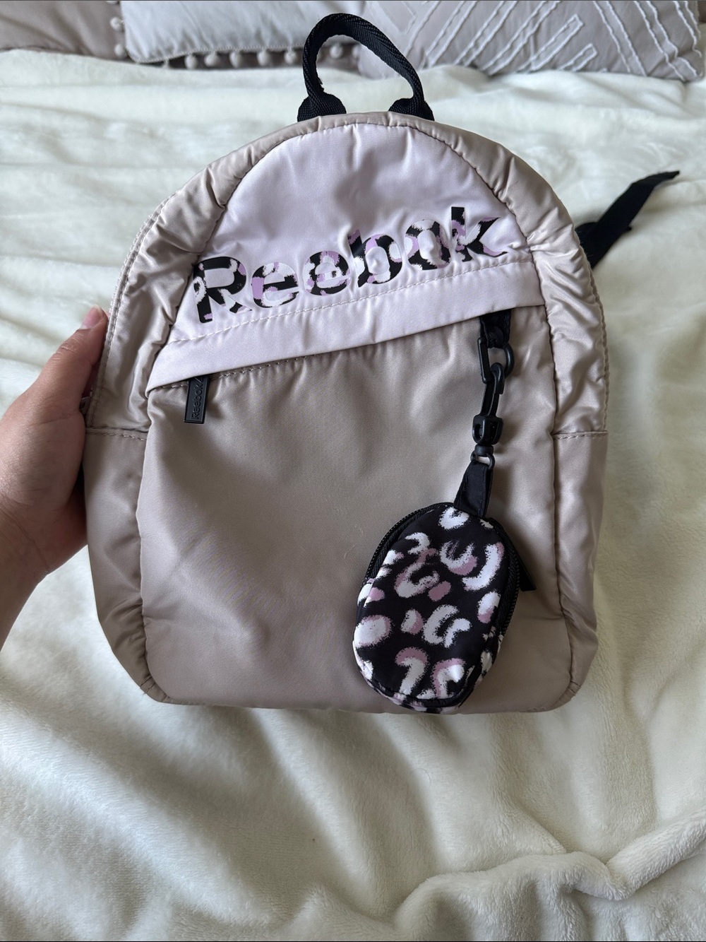 Reebok Beige Mini Backpack with Pink & Black Leopard Charm